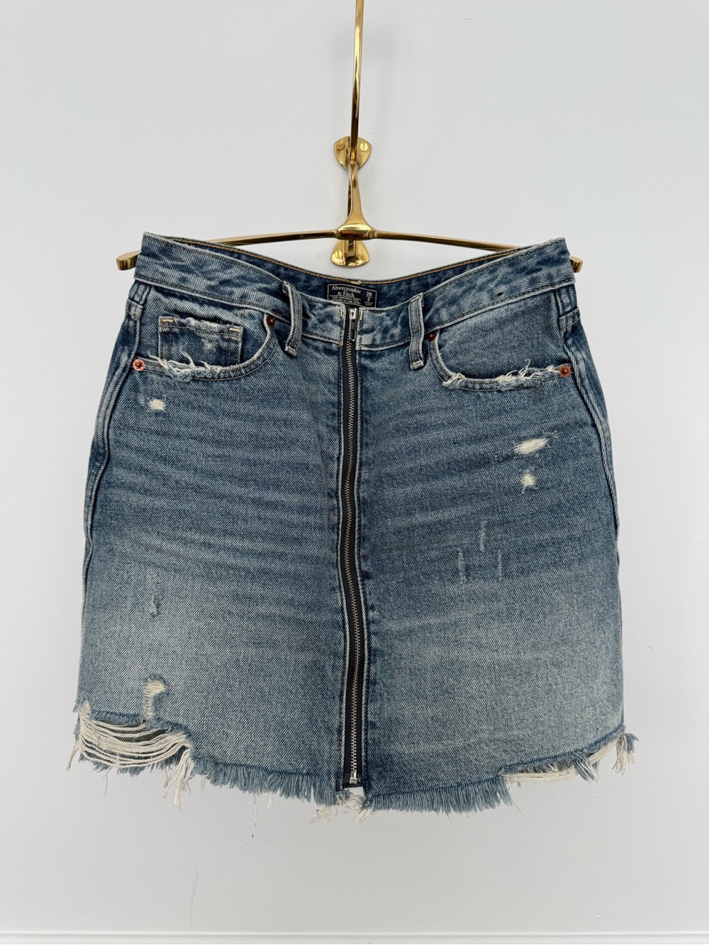 Abercrombie Distressed Blue Denim Mini Skirt with Front Zip - 26